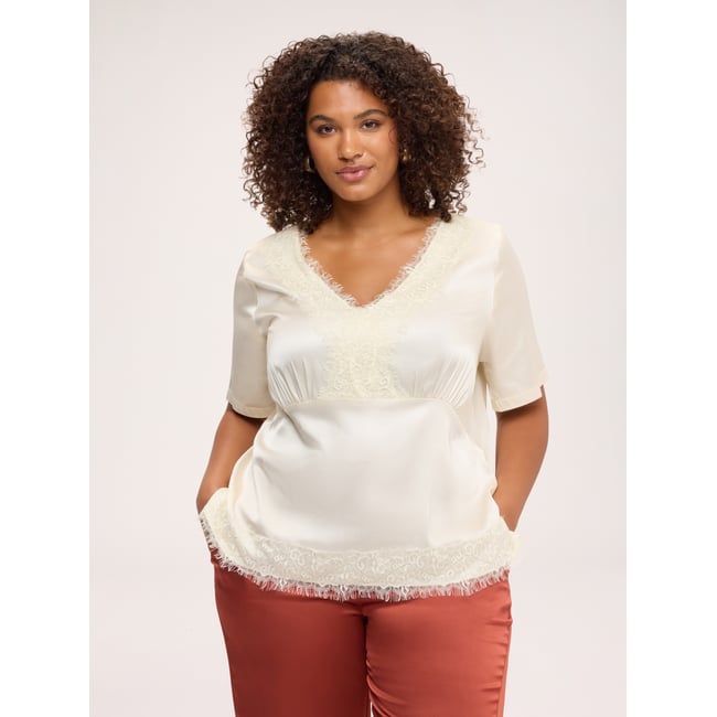 Blouse en satin avec détails en dentelle blanc <span itemprop=