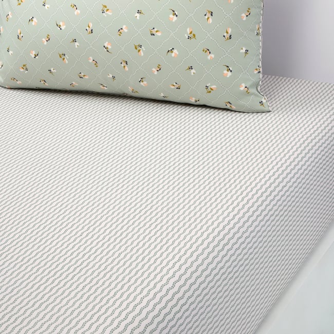 Drap housse en percale de coton vert, BERGAMOTE multicolore <span itemprop=