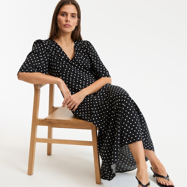 Robe évasée, imprimé à pois, longue, manches courtes imprimé pois <span itemprop=