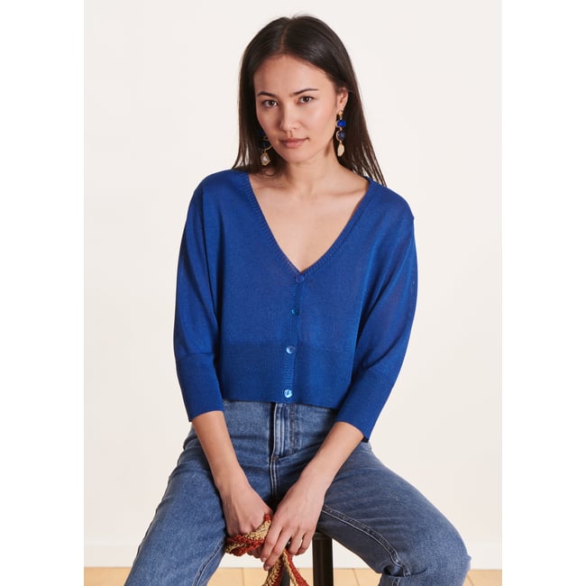 Gilet court col V bleu roi <span itemprop=