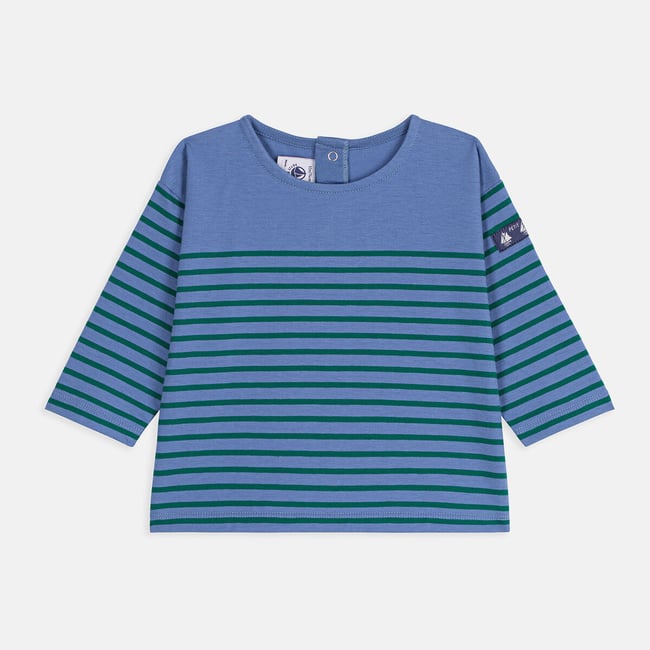 T-shirt manches longues en coton rayé bleu vert <span itemprop=
