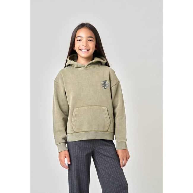 Sweat à capuche fille imprimé graphique dos NAMASTE kaki clair <span itemprop=