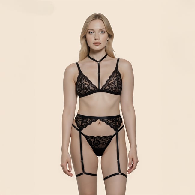 Ensemble 3 pièces à dentelle Bella noir <span itemprop=