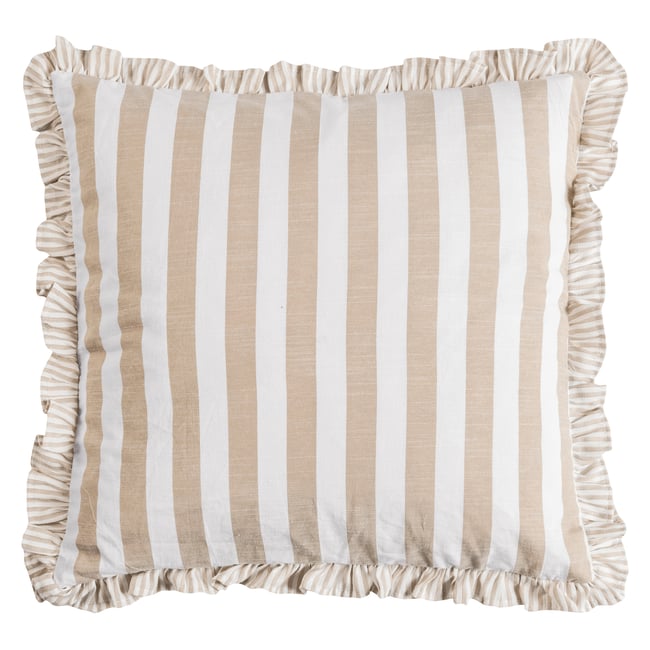 Housse de coussin rayée à volant vert MARIE sable et beige <span itemprop=