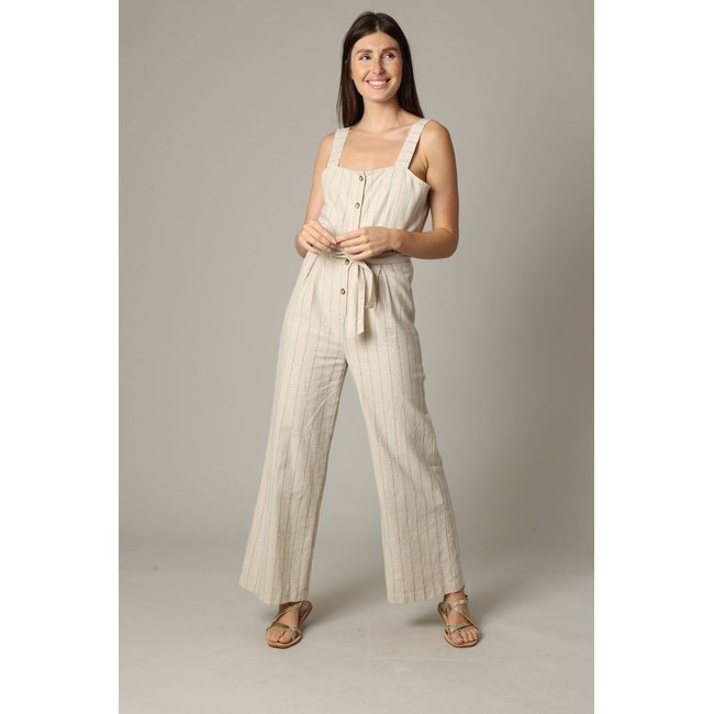 Combinaison pantalon femme en lin à rayures avec fermeture boutonnée sur le devant AYLA couleur lin <span itemprop=