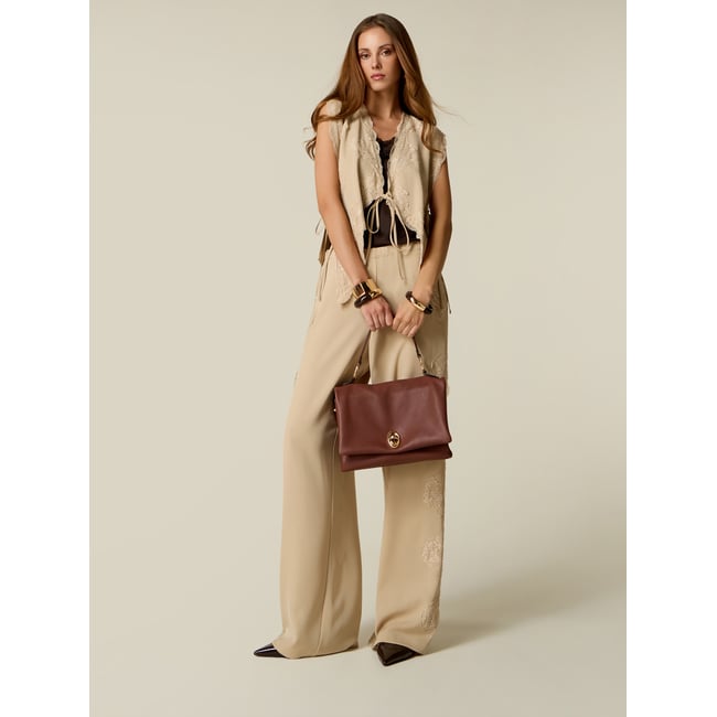 Pantalon palazzo avec inserts en dentelle florale beige <span itemprop=