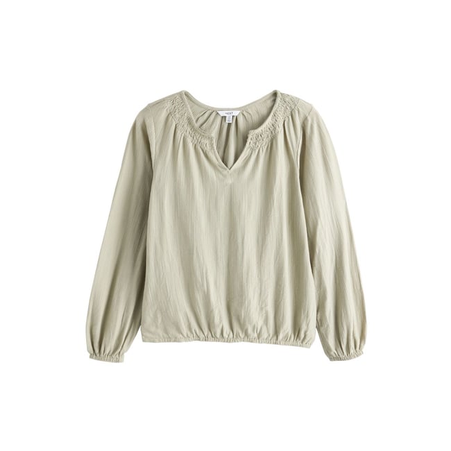 Haut à manches longues et col cranté vert sauge <span itemprop=