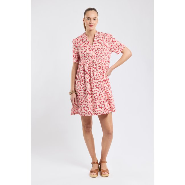 Robe courte fleurie en coton imprimé paquerettes rouges <span itemprop=