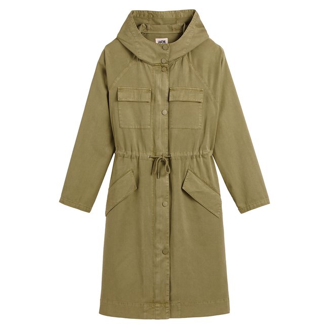 Cotton Long Hooded Parka with Press-Stud Fastening, light khaki green, LA REDOUTE COLLECTIONS