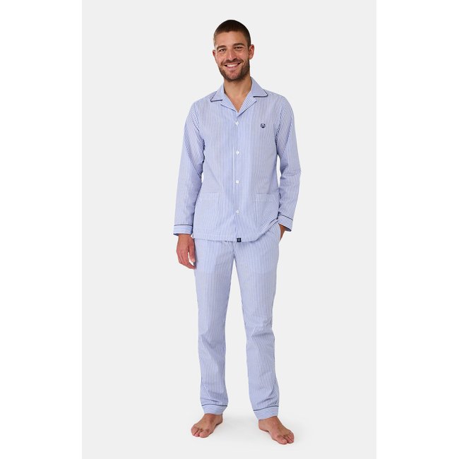 Pyjama boutonné en coton, imprimé Rayure bleu <span itemprop=