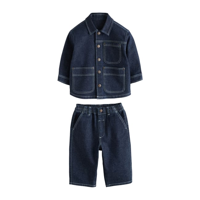 Ensemble veste-chemise en denim et jean large délavage brut <span itemprop=