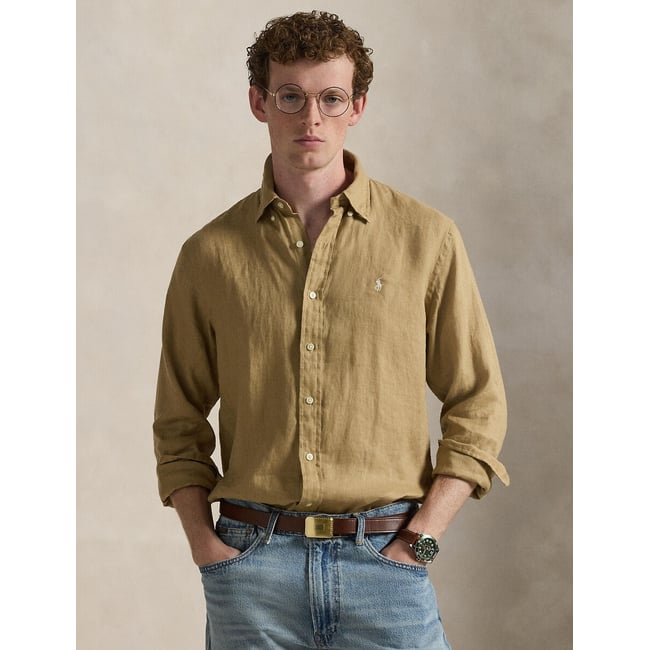 Chemise en lin Custom Fit café <span itemprop=