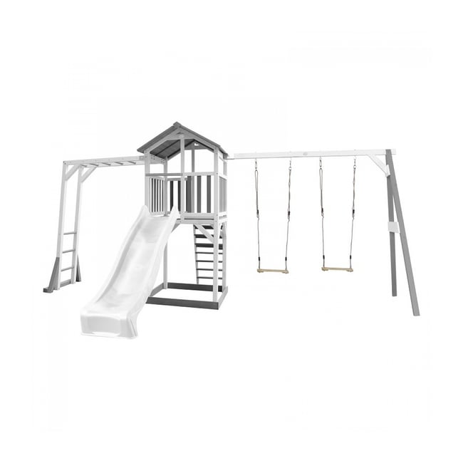 AXI Structure de jeu Beach Tower Blanc Gris avec cadre d'escalade et 2 balancoires et toboggan Blanc - AXI HOUSE