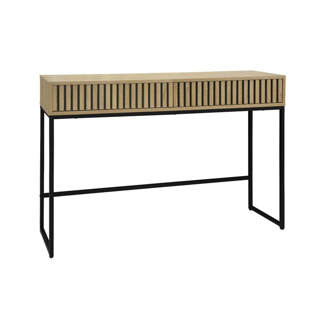 Console contemporaine décor bois rainuré et métal 2 tiroirs LISBONNE Couleur naturel <span itemprop=