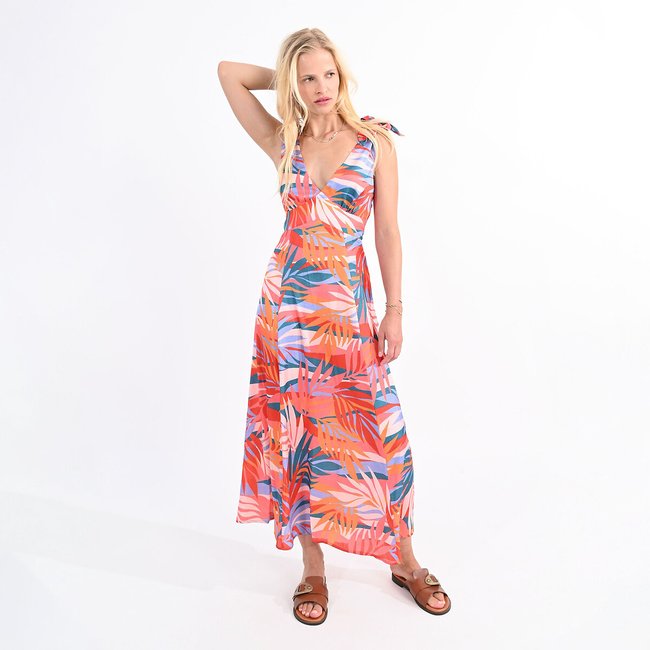 Bedrucktes Maxikleid mit V-Ausschnitt orange/blau <span itemprop=