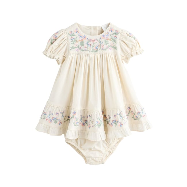 Robe brodée pour bébé crème  à fleurs <span itemprop=