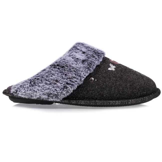 Chaussons Mules ultra confortables, bordure en imitation fourrure gris <span itemprop=