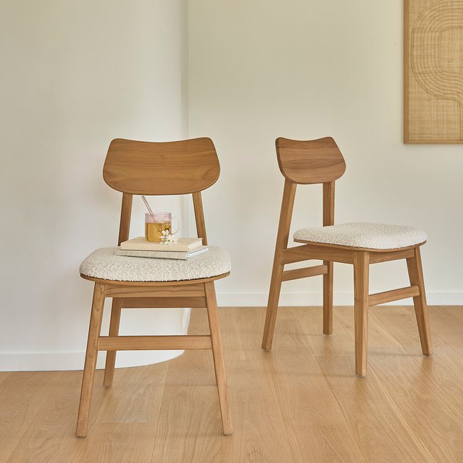 Lot de 2 chaises en teck massif assise bouclette  ADELE Couleur ecru <span itemprop=