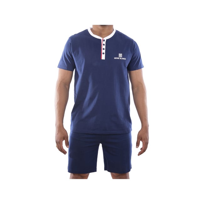 Ensemble Pyjama coton court Vintage bleu/gris/rouge <span itemprop=