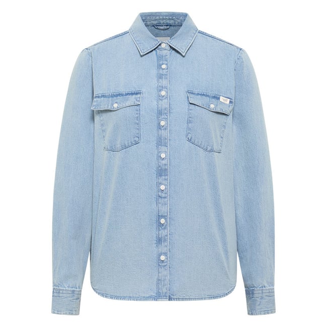 Chemisier en coton stone uni pourvu d'une coupe droite et d'un col français bleu foncé <span itemprop=