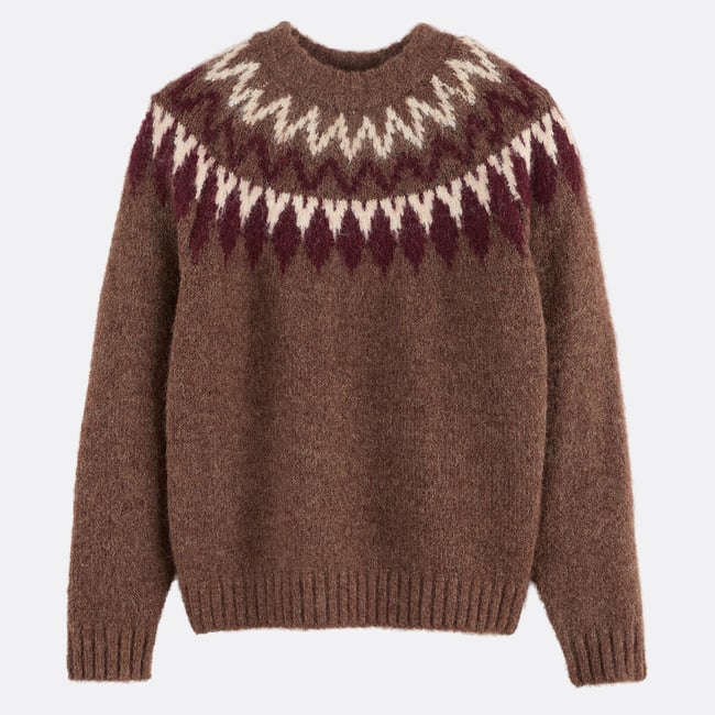 Pull jacquard, col rond marron <span itemprop=