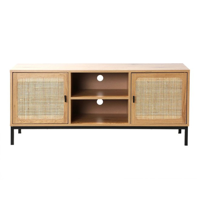 Meuble TV 2 Portes avec Cannage Rotin et 2 Niches L120cm - JAYA Couleur bois clair <span itemprop=
