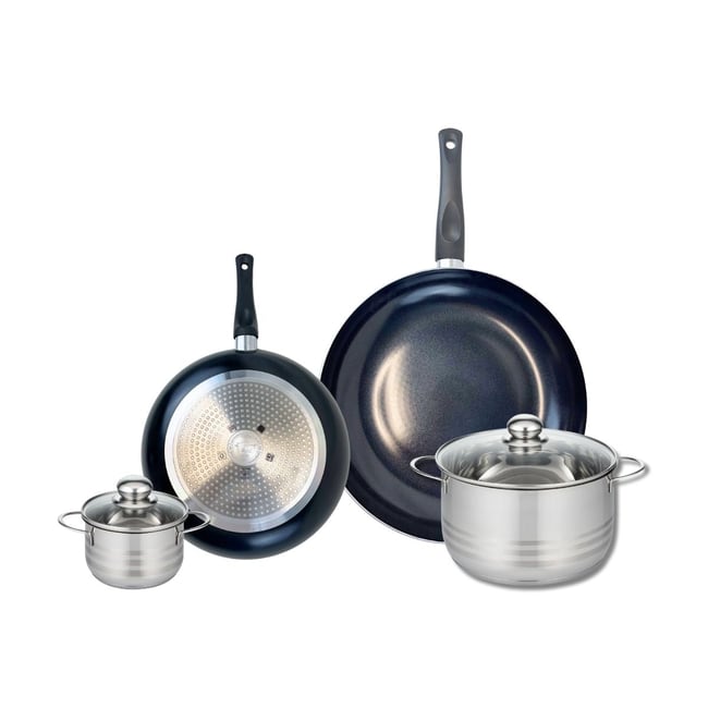 Batterie 2 poêles 24/32cm + 2 faitouts 12/20cm PRIMA BRILLANT noir <span itemprop=