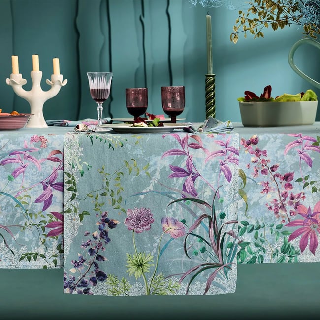 Chemin de table lin & coton lavé OMBRES BOISEES givre <span itemprop=