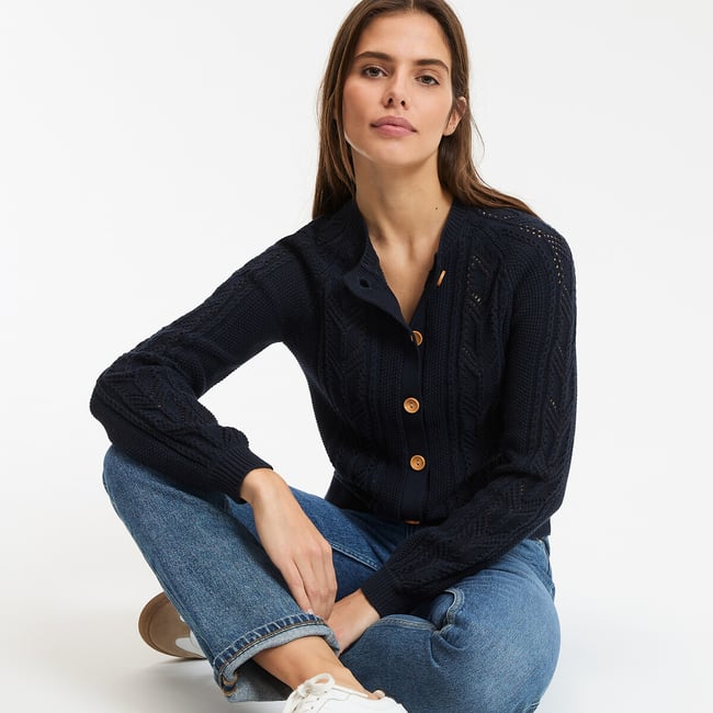 Cardigan en maille pointelle pur coton  bleu marine <span itemprop=