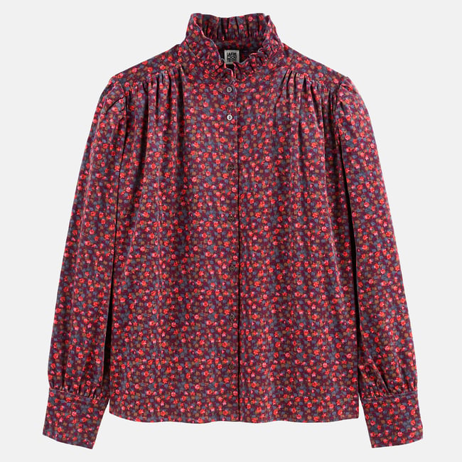 Chemise à col montant volanté, imprimé floral, en velours  imprimé fleurs fond marine <span itemprop=