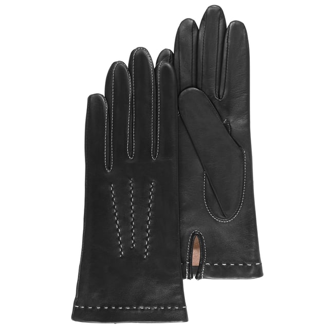 Gants en cuir d'agneau pleine fleur, doublés soie, tendance et modernes noir <span itemprop=