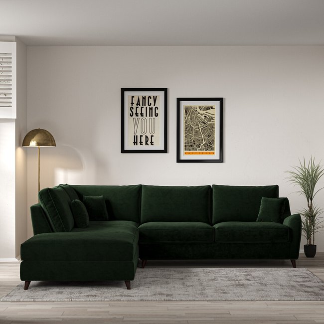Amelia Velvet Corner Sofa & Modular Footstool Set with Dark Wood Legs (Left Facing) - SO'HOME