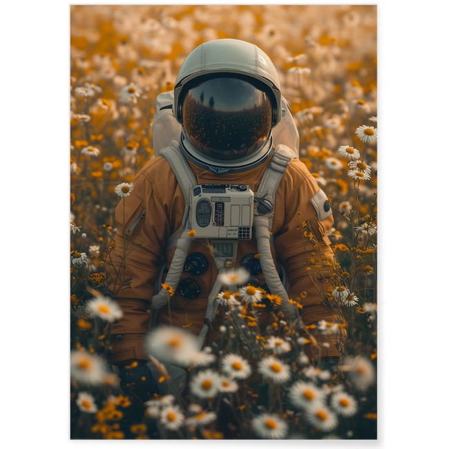Affiche Astronaute dans un Champ de Fleurs Couleur blanc <span itemprop=