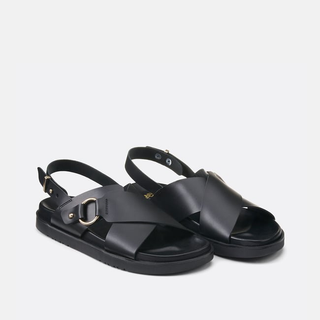 Sandales croisées en cuir lisse noir <span itemprop=