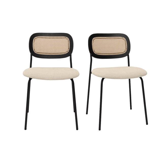 Chaises design en tissu effet velours texturé beige, métal noir et cannage rotin (lot de 2) MIRANDA Couleur beige <span itemprop=