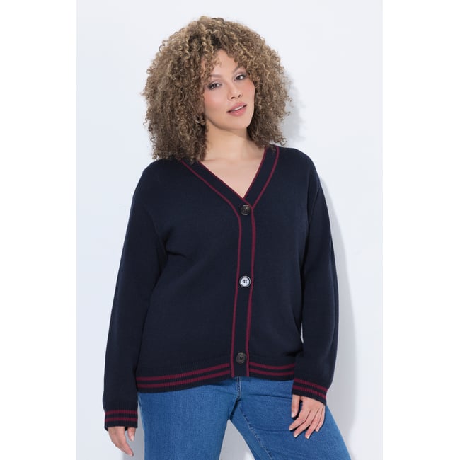 Cardigan en laine mélangée, rayures marine <span itemprop=