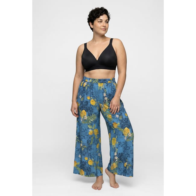 Pantalon palazzo, motif citrons bleu azur clair <span itemprop=