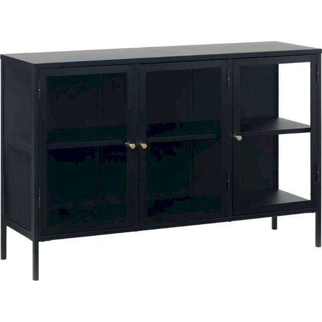Vitrine basse métal 3 portes collection ZEINS Couleur noir avec poignées doré brossé <span itemprop=