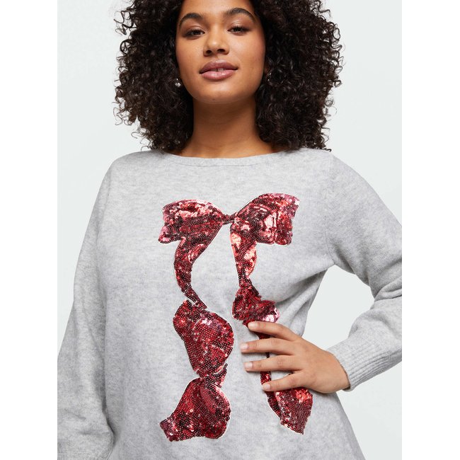 Pull avec nœud brodé en paillettes rouges sur le devant gris <span itemprop=