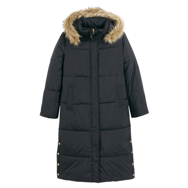 Lange donsjas met kap, volop winter <span itemprop=
