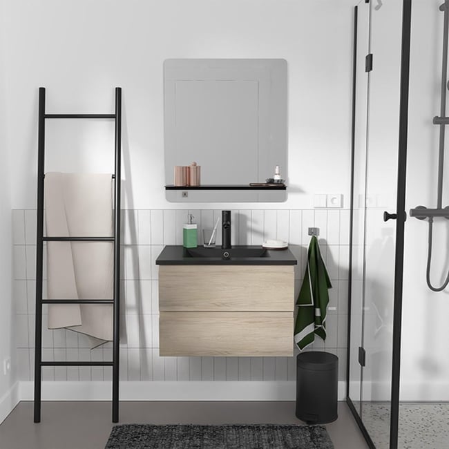 Meuble simple +vasque+robinet+miroir SORRENTO Couleur décor chêne (vasque noire) <span itemprop=