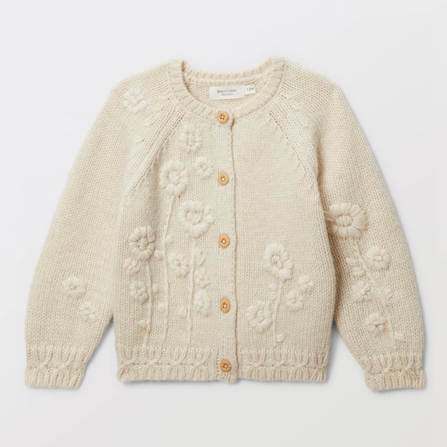 Cardigan tricot brodé contenant de la laine naturel <span itemprop=