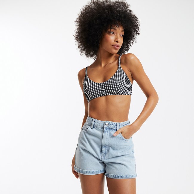 Bralette Bikini Top in Gingham Print, black gingham check/white, LA REDOUTE COLLECTIONS