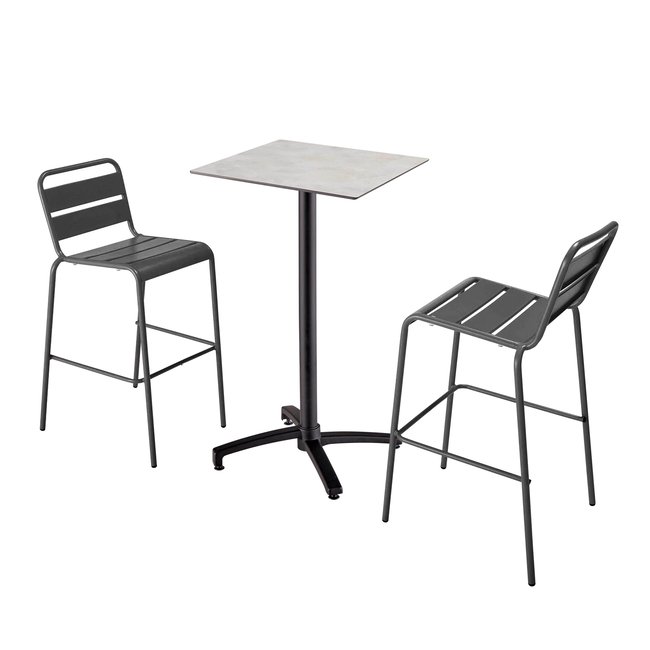 Table haute en HPL inclinable et 2 chaises hautes en métal, OPERA gris <span itemprop=
