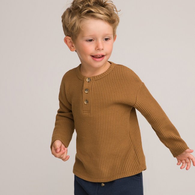 Pack of 2 T-Shirts with Grandad Collar and Long Sleeves, blue + camel, LA REDOUTE COLLECTIONS