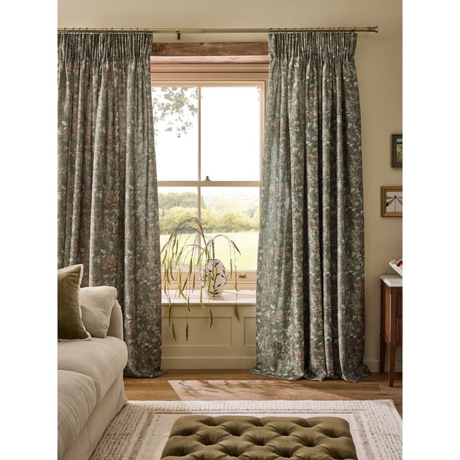 Rideaux doublés aspect lin à plis et fleurs vert <span itemprop=