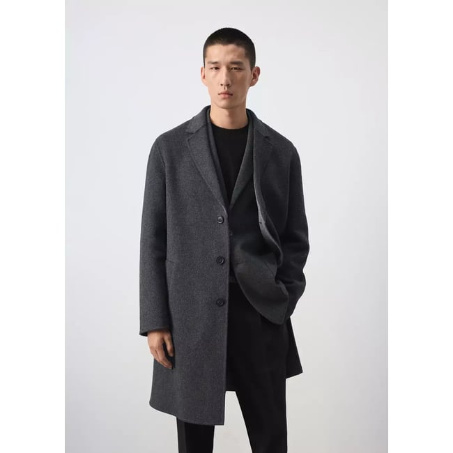 Manteau laine mélangée boutons gris anthracite <span itemprop=