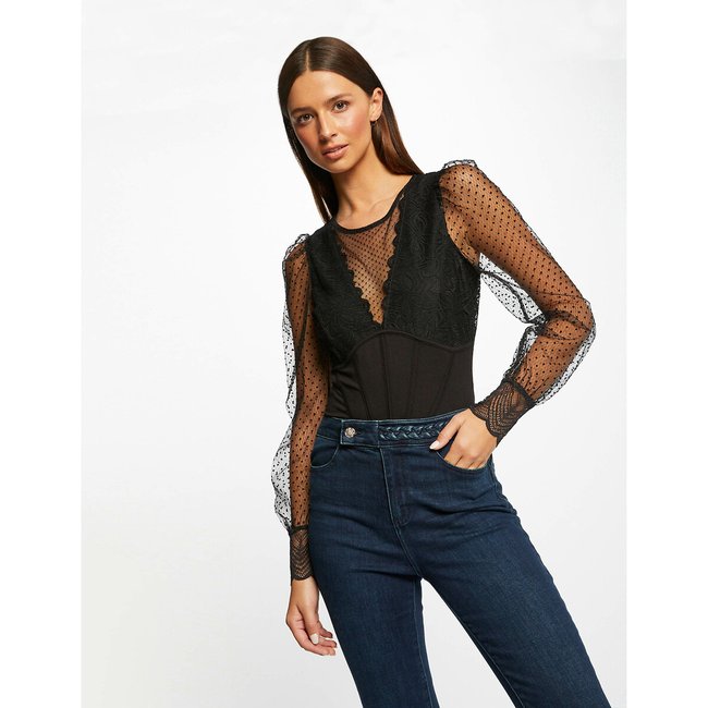 Body manches longues en plumetis noir <span itemprop=