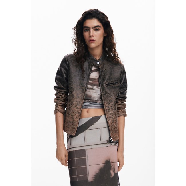 Blouson biker effet cuir dégradé marron <span itemprop=