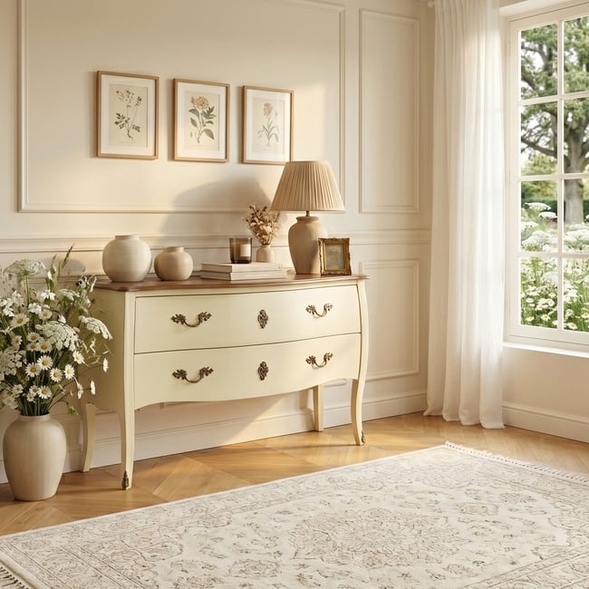 Commode style shabby chic, plateau en chêne, 2 tiroirs ALIENOR Couleur blanc <span itemprop=